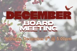 Board Meeting graphic with snow, red berries and a cardinal bird